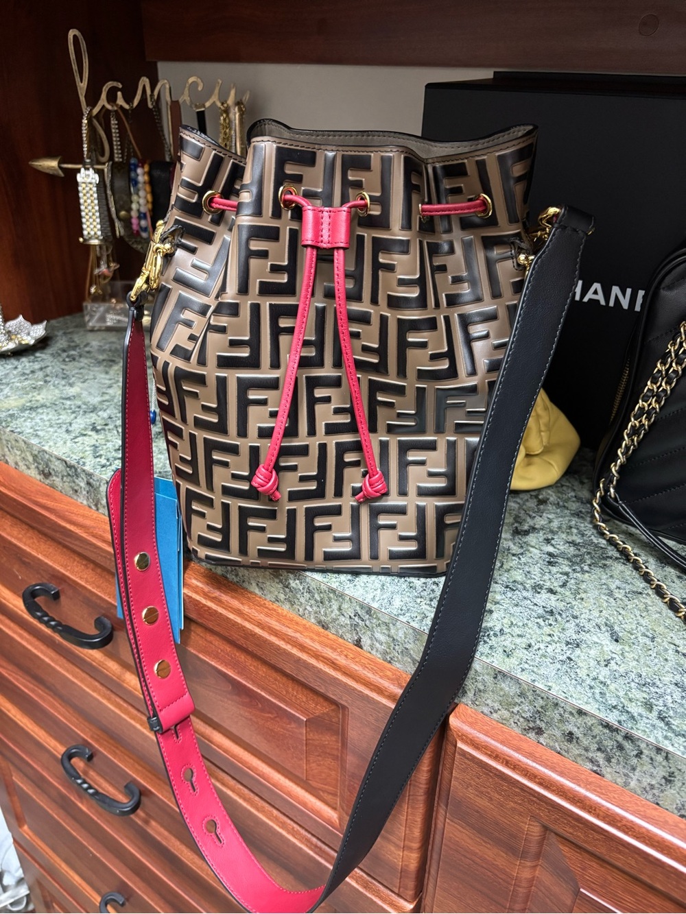 Fendi Brown Embossed FF Bucket Bag with Red Drawstring and Black Strap - Picture 7 of 8